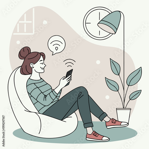 Young Woman Relaxing on Sofa, Engaged in Digital Leisure with Smartphone, Modern Digital Illustration.