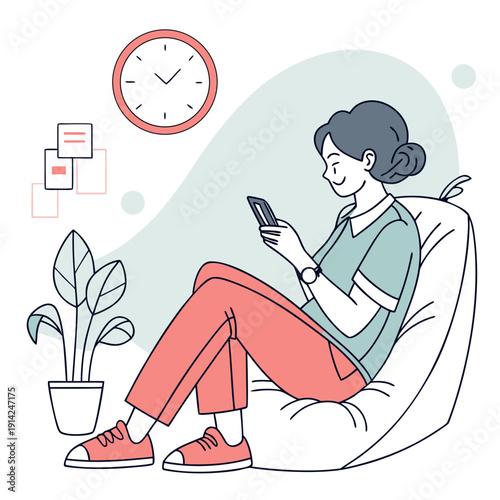 Relaxed Female Using Smartphone on Comfortable Sofa at Home, Enjoying Digital Content in a Modern Apartment.