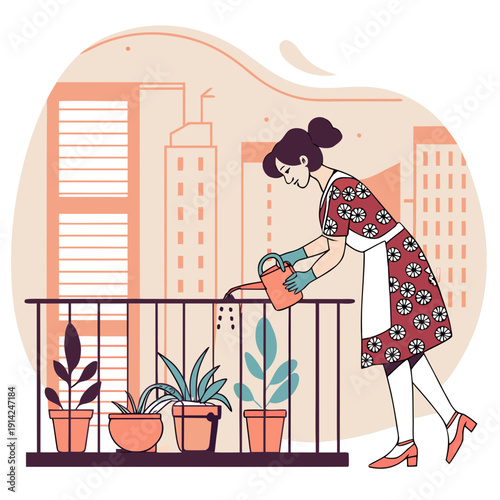 Caring Female Cultivating a Lush Balcony Garden in an Urban Apartment, Practicing Eco-Friendly City Lifestyle.