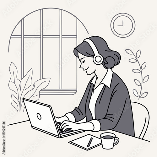 Professional Female Telecommuting on Laptop, Utilizing Wireless Headphones for Enhanced Focus and Communication.