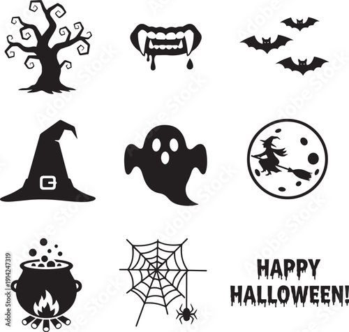 Halloween Icons & Eerie Emblems: A collection of spooky silhouette icons, evoking the playful yet mysterious spirit of Halloween, from bats and witch hats to cobwebs and ghostly figures.