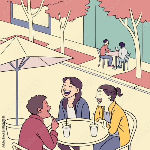 Friends Enjoying Coffee and Conversation at an Outdoor Cafe Scene, Flat Style Vector Illustration