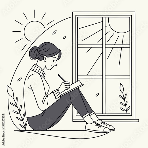 Peaceful Young Woman Journaling with a Cup of Tea by a Sunny Window, Practicing Mindfulness and Self-Care at Home