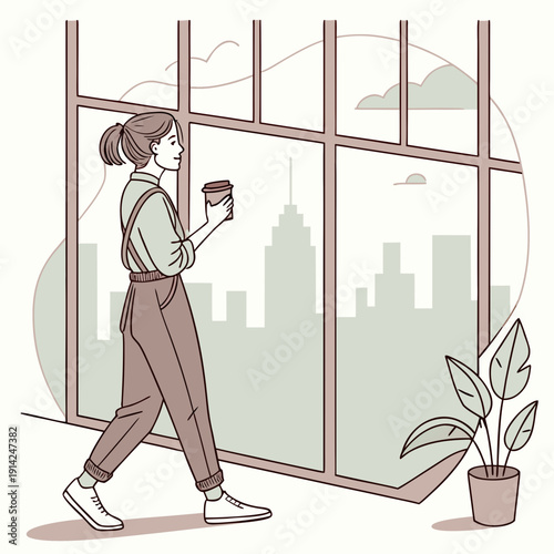 Young Woman Enjoying Coffee While Gazing Out a Large City Window, Experiencing a Moment of Calm in the Urban Sprawl