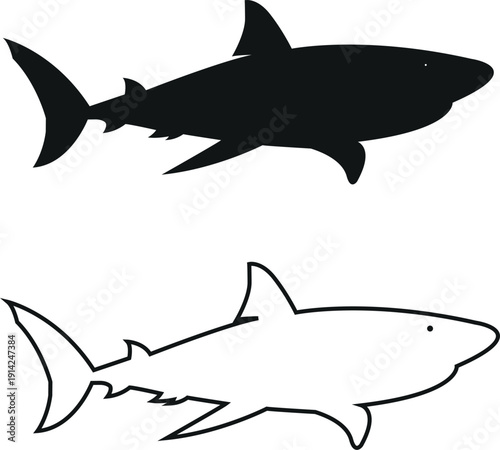 Collection of shark silhouettes in black solid and outline style isolated on white background. Ideal for marine logos, tattoos, t-shirt prints, stickers, posters, decals, and ocean wildlife designs.