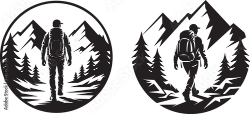 Mountain Hiking Adventure Logo with Backpacker Silhouette Outdoor Nature Emblem Design