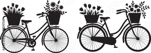 Vintage Floral Bicycle Silhouette Illustration Retro Bike with Flower Basket Design