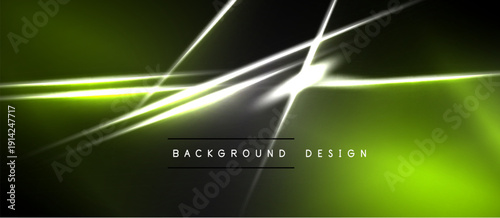 Abstract neon lines over dark background. Bright green, yellow gradients create dynamic visual effect. Modern design element.