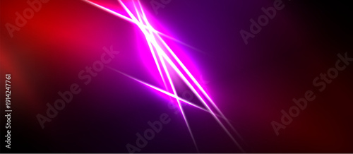 Abstract vibrant light streaks radiate from central point. Red, purple hues dominate dark background. Dynamic energy visible.