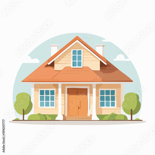 Illustration of a charming house with a welcoming facade and lush green surroundings