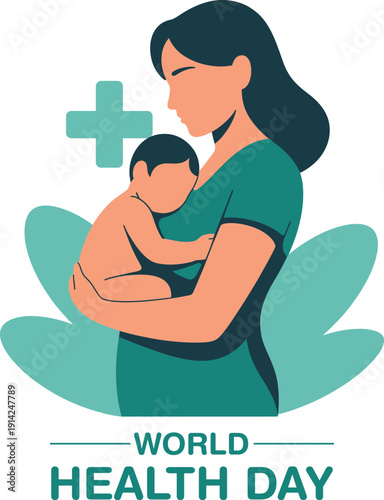 World health day illustration of a mother embracing her newborn baby