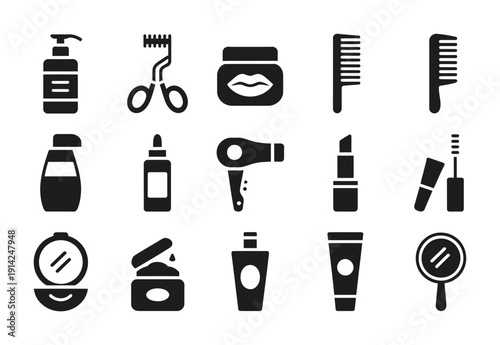 Variety of vector beauty and grooming icons displayed in a neat grid
