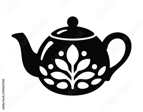 Decorative black and white vector teapot with floral patterns