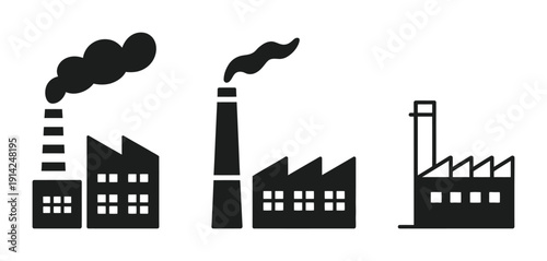 Vector image of three industrial factories with smokestacks emitting smoke