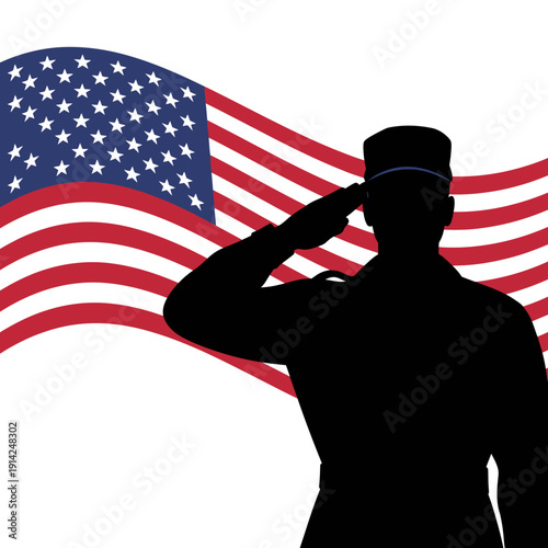 Soldier Saluting American Flag - Patriotism, Military Service, Freedom, USA