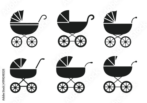 Six black vector illustrations of vintage baby strollers with wheels