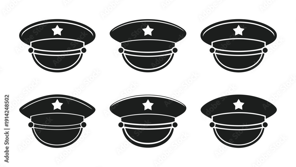 Fototapeta premium Vector illustration of six police hats with stars and badges