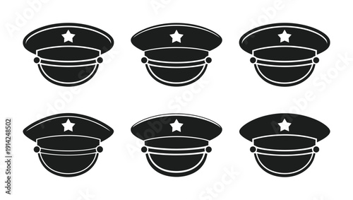 Vector illustration of six police hats with stars and badges