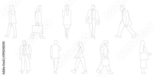 Vector illustration of a woman in various poses. Set of people walking.