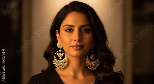 Photorealistic woman wearing elaborate earrings frontlit, full body portrait, hyperrealistic