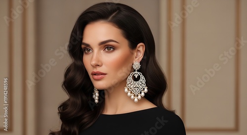 Photorealistic woman wearing elaborate earrings frontlit, full body portrait, hyperrealistic