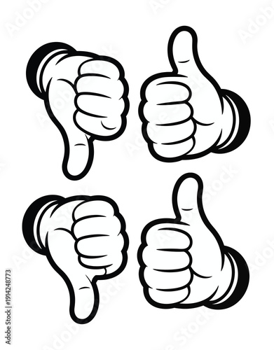 Vector illustration of thumbs up and thumbs down gestures in black and white