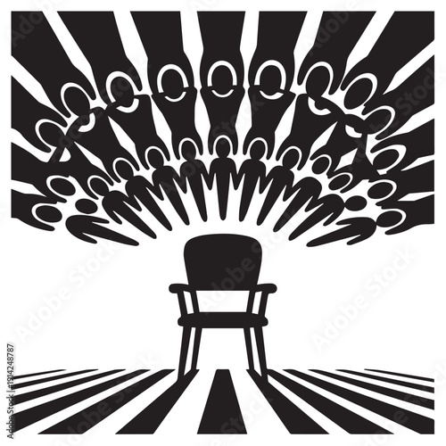 Community members gather in unity, creating a supportive semicircle around an empty chair, representing leadership or a collective decision-making process