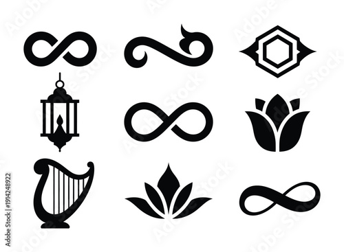 Collection of vector icons including symbols of infinity, lotus, and musical instruments