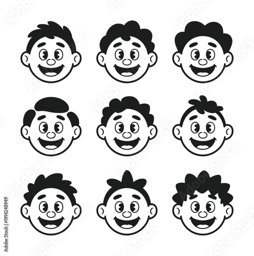 This vector illustration shows a grid of cartoon faces with different hairstyles