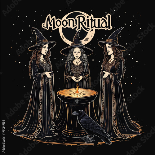 Witches Moon Ritual with Raven and Altar, Mystical Night Sky Illustration t shirt design