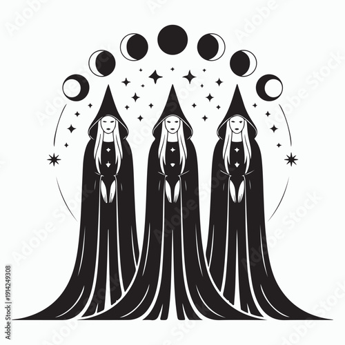 Witch Coven Silhouette with Moon Phases, Esoteric Mystical Design t shirt design vector