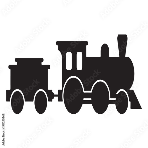Old fashioned locomotive with passenger car silhouette isolated black freight vehicle flat style design vector illustration for transportation concepts and historical travel themes