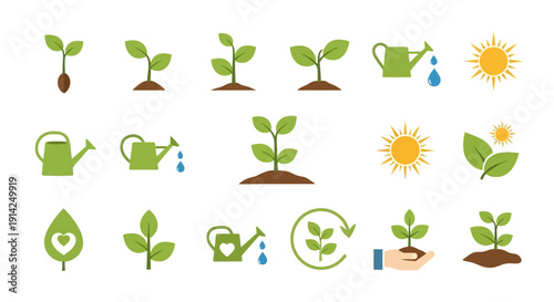 Eco friendly gardening icon set. Includes 16 icons of plants, seedlings, watering can, sun, leaf. Created in flat style with green and brown palette.