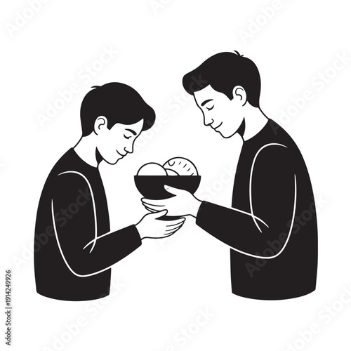 Illustration of young man sharing bowl of fresh fruit with boy as symbol of kindness and generosity in minimalist black and white silhouette art style on dark background