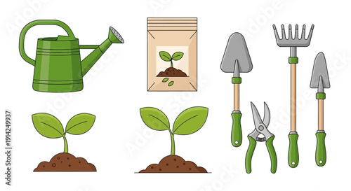 Gardening tools and plants icon set. Includes watering can, seed bag, sprouts, shovel, rake, fork, pruners. Created in flat style with green and brown palette.