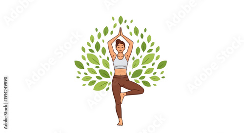 Yoga tree pose icon with leaves