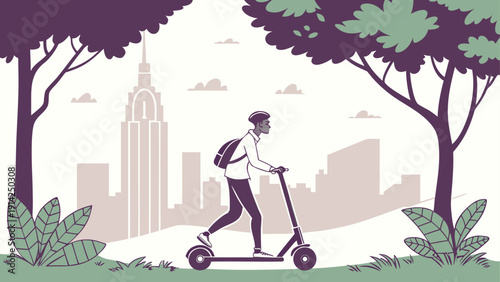 Rider on electric scooter gliding through a vibrant urban park with city skyline in background