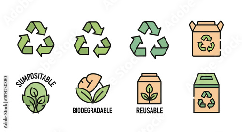 Vector icons of eco-friendly packaging and recycling symbols, including compostable, biodegradable, and reusable labels, isolated on transparent background