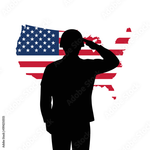 Soldier Saluting USA Flag Map Silhouette Patriotism Military Service Veteran Honor