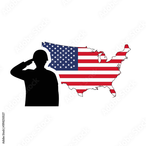 Soldier Salutes USA Flag Map Silhouette - Patriotism, Military Service, American Pride