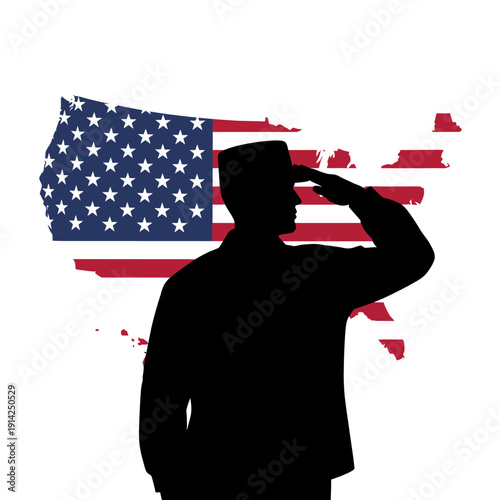 Patriotic Soldier Saluting USA Flag Map Silhouette Memorial Day Veterans Day Independence Day
