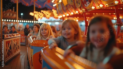 Wallpaper Mural Laughing children ride a colorful carousel in an amusement park aglow with vibrant lights, their joy palpable as they lean forward, enjoying the fun and excitement of the thrilling ride together Torontodigital.ca