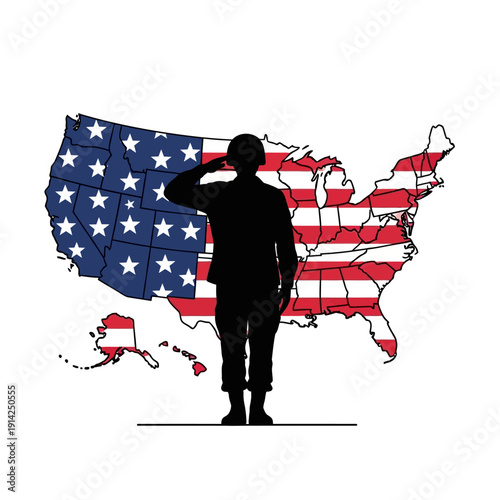 Soldier Saluting USA Flag Map Silhouette Patriotism Military Service Veteran Freedom