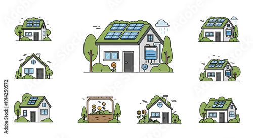 Set of eco-friendly houses with solar panels and green roofs, isolated on transparent background