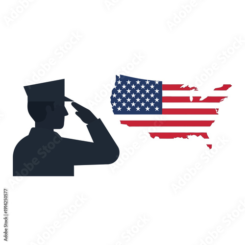 Soldier Saluting American Flag Map of USA, Patriotism, Military Service, Veterans Day