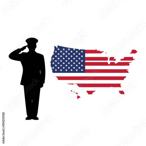 Patriotic salute to USA map with American flag overlay, honoring veterans and military service