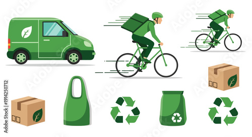 Vector illustration of eco-friendly delivery process with green van, cyclist, cardboard boxes, reusable bag, and recycling symbols