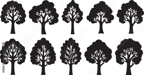 A collection of ten different black and white tree illustrations