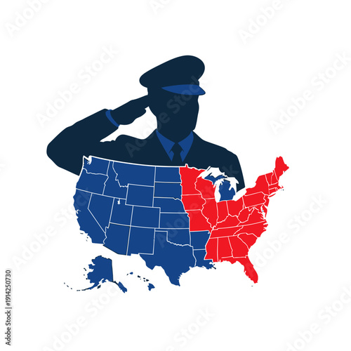 Veteran Saluting Over Divided USA Map Red Blue Political Election Vote Concept