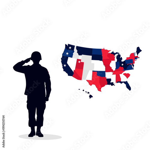 Soldier Saluting USA Map Flag Colors